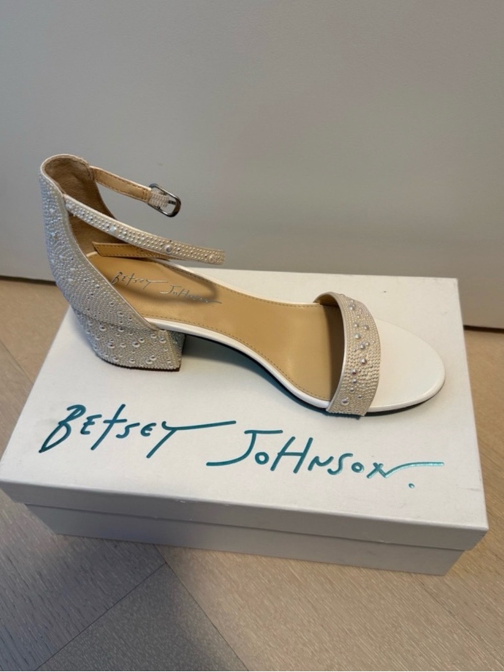 Betsey Johnson Ivory Crystal-Embellished Block Heel Sandal